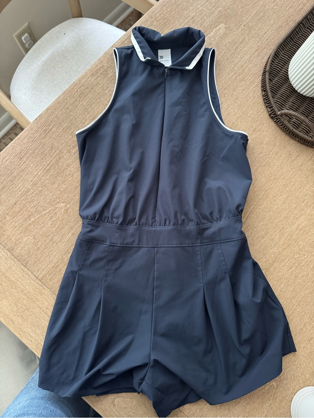 Navy Sleeveless Swim Romper with White Trim: Women’s